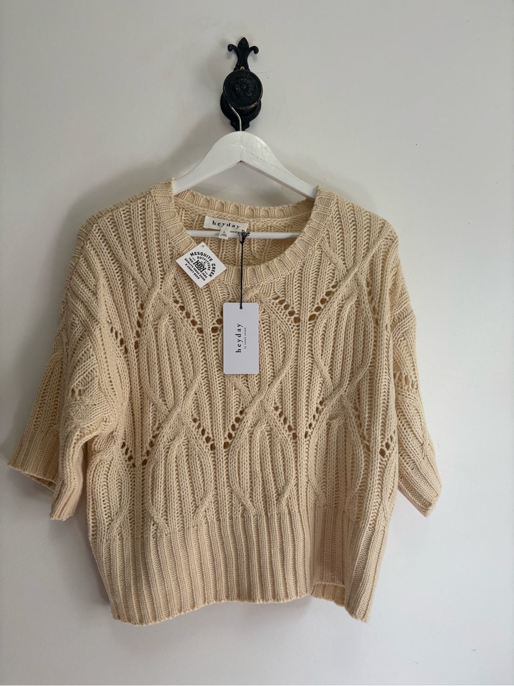 heyday Cream Open-Knit Short Sleeve Crew Sweater